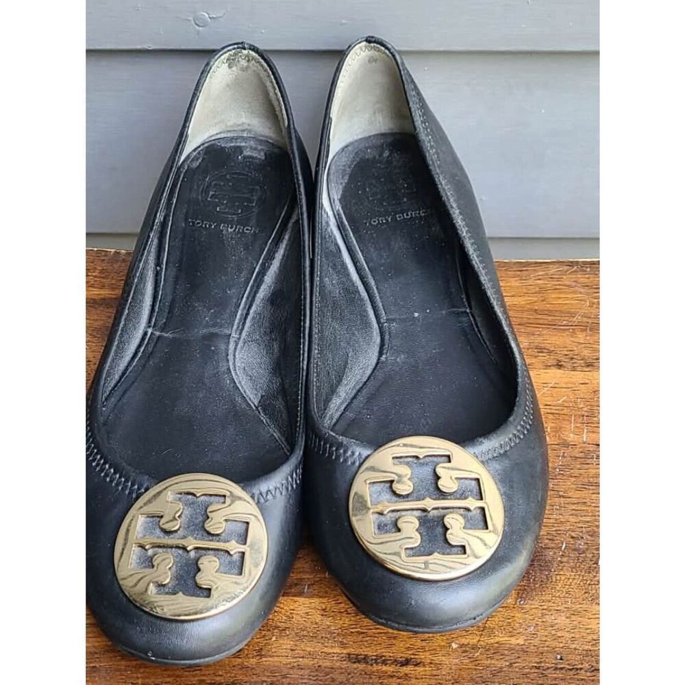 Tory Burch Black Reva Black Leather Ballet with Gold Logo size 9M